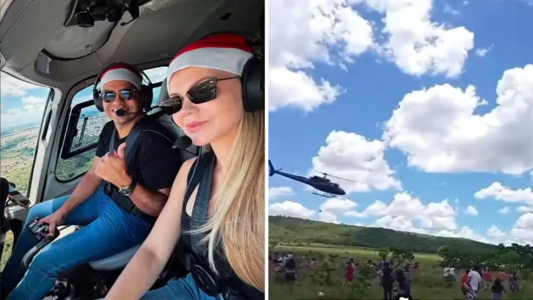 Helicóptero de frigorífico lança carne para moradores e gera polêmica em GO
