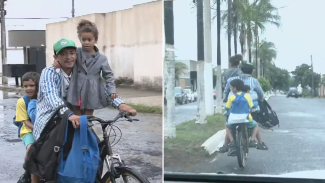 Pai pedala 3 km com filhos cantando louvor em bicicleta em Goiás