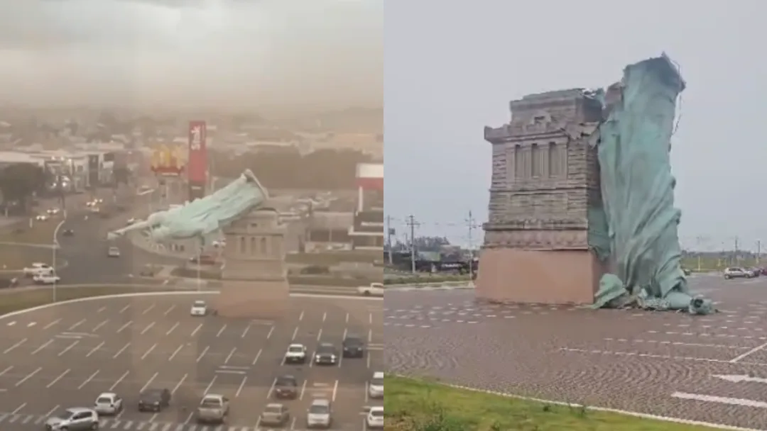Estátua da Havan cai em Guaíba (RS) por ventos de quase 100 km/h