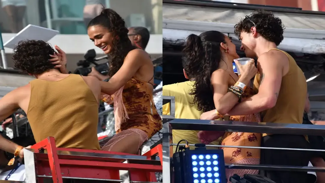 Romance em Salvador: Shawn Mendes e Bruna Marquezine trocam carícias no trio de Ivete.